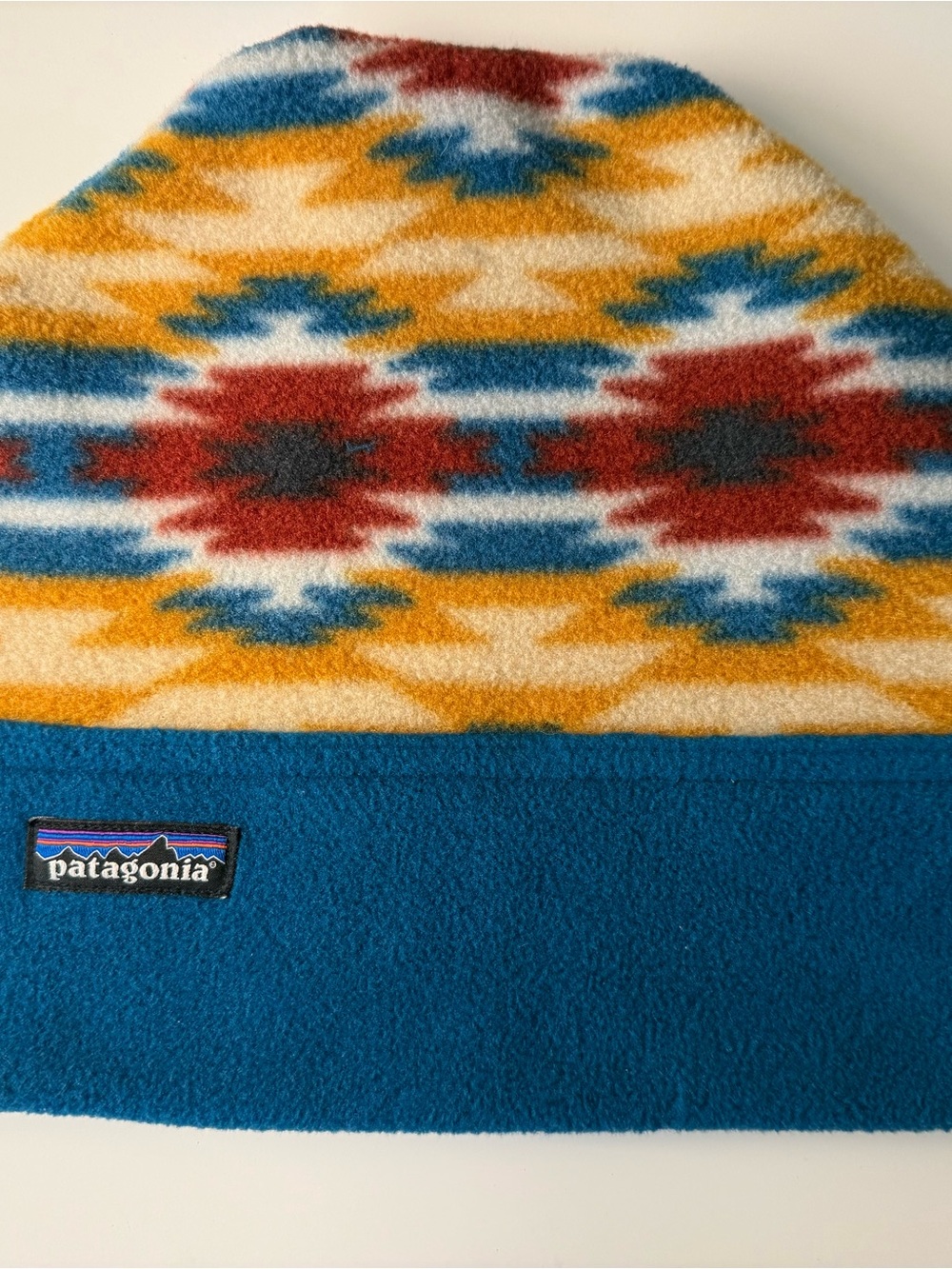 Patagonia Fleece Beanie in Teal with Yellow, Red, Blue & Cream Pattern